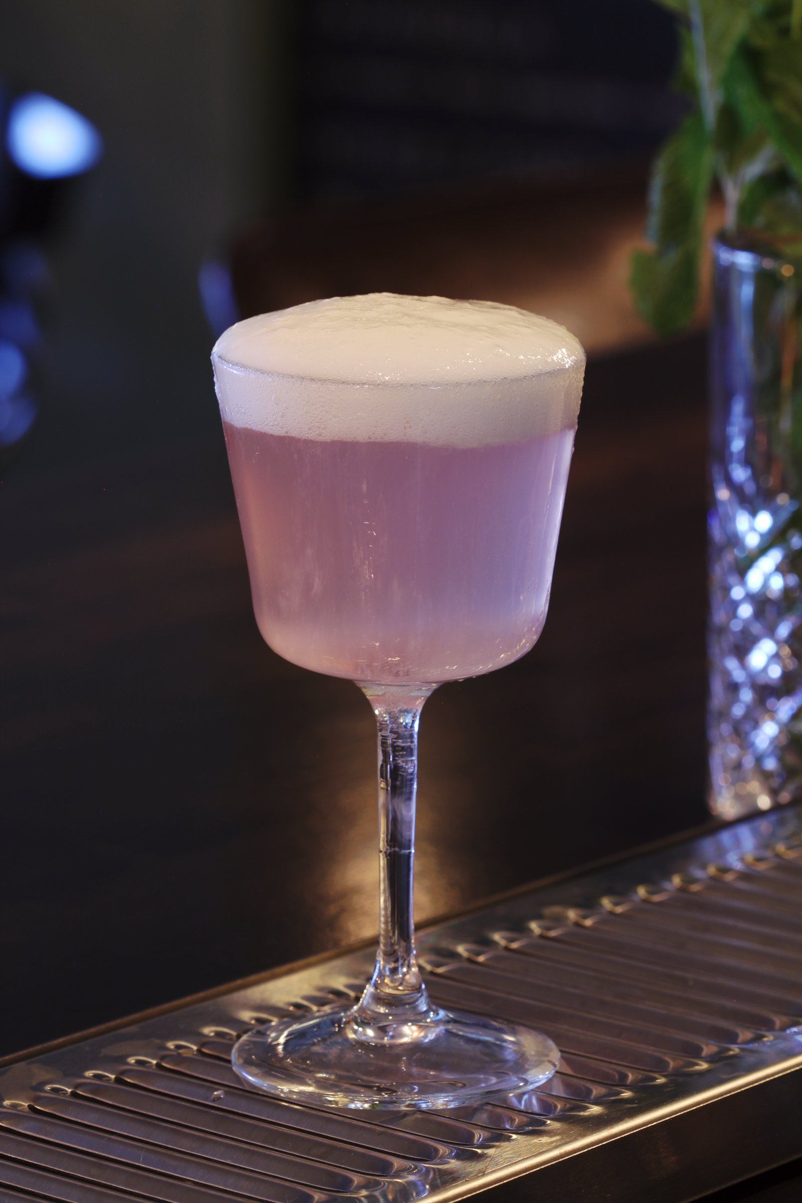 The Lavandula — a lavender sour under a white foam cap, on the drip tray